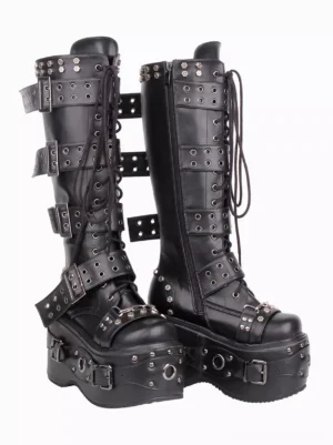Gothic lolita boots side and front view showing side zipper, lace-up front closure with grommets, metal hardware, and substantial platform heel construction