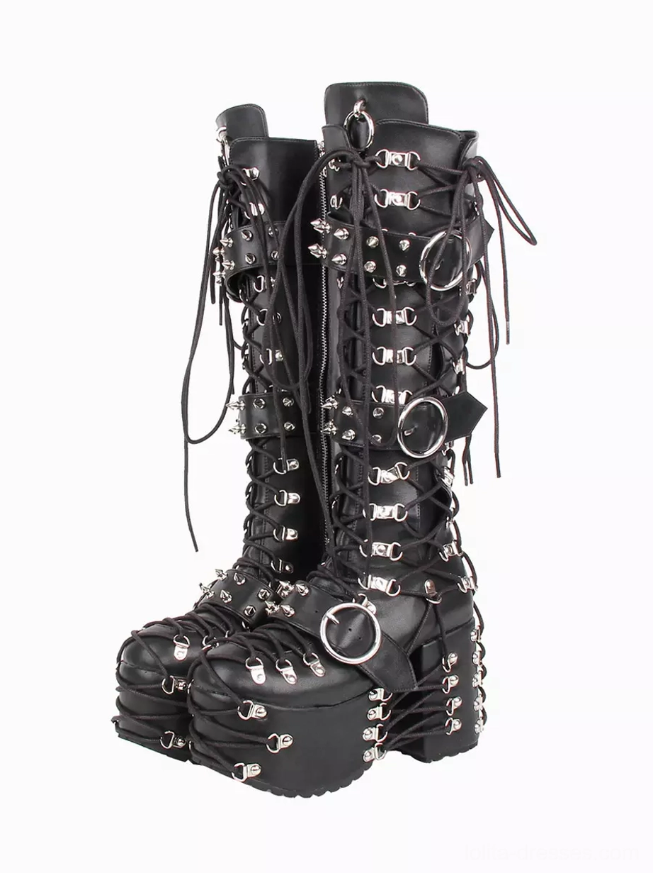 gothic lolita platform knee-high boots black pu leather front view pair with silver grommets and buckle decorations lace-up design white background