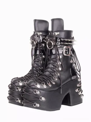 gothic lolita platform boots with silver grommets front three quarter view black chunky heel