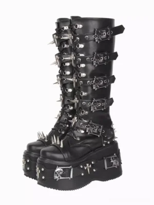 gothic lolita platform boots front three-quarter paired view black pu leather spike studs skull buckles wedge heel
