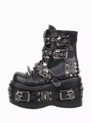 Single Gothic Lolita boot left side profile showing multiple buckle straps, studded metallic embellishments, and thick wedge platform sole detail