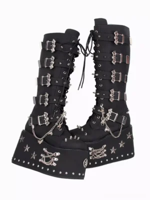 Gothic Lolita black suede platform boots star motif sole silver hardware alternative buckle arrangement front angle