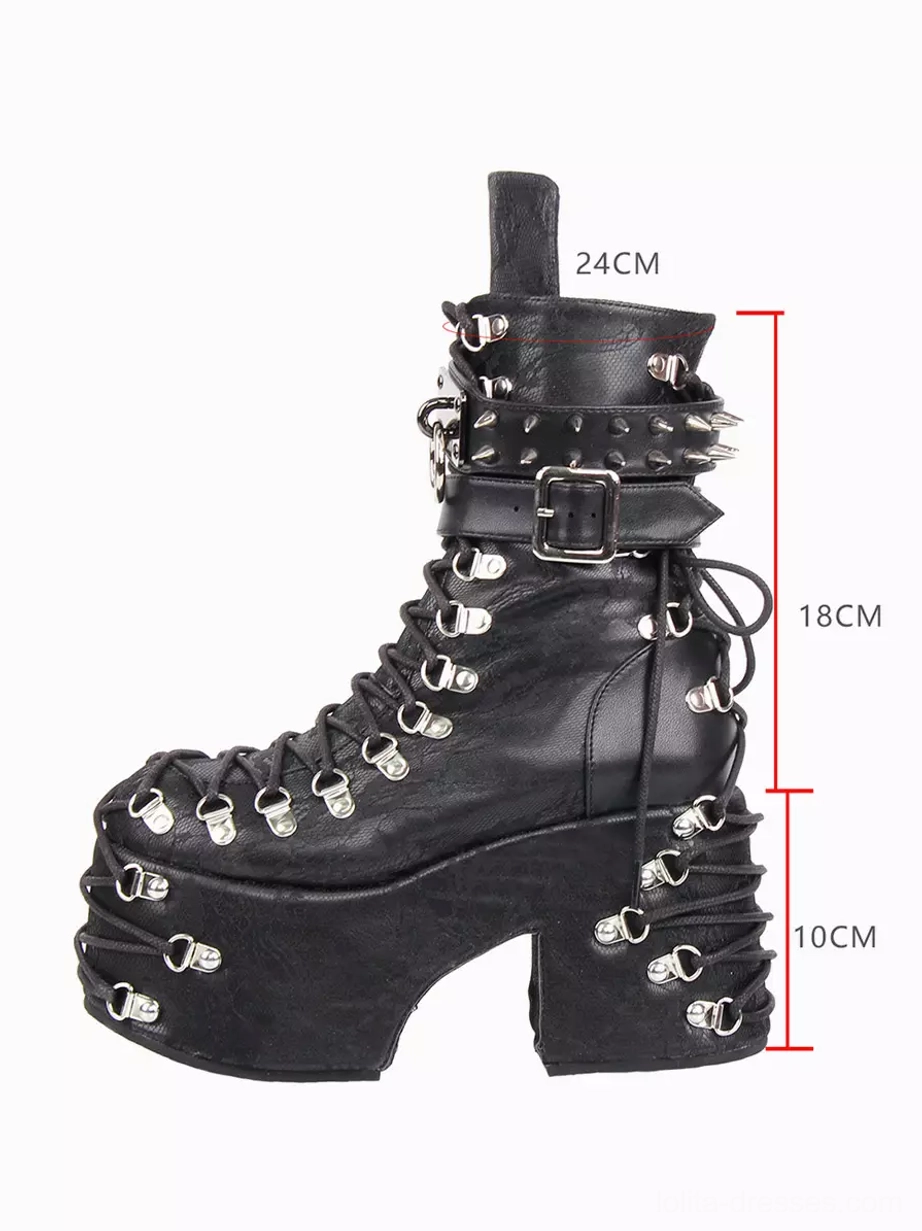 Right side profile view of gothic lolita ankle boots with studded ankle strap height measurement labels lace-up heel hardware and tall wedge platform