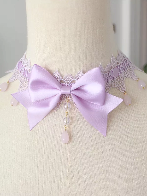 Lavender light purple gothic lolita bow choker with purple lace trim and light purple drop bead tassel pastel aesthetic