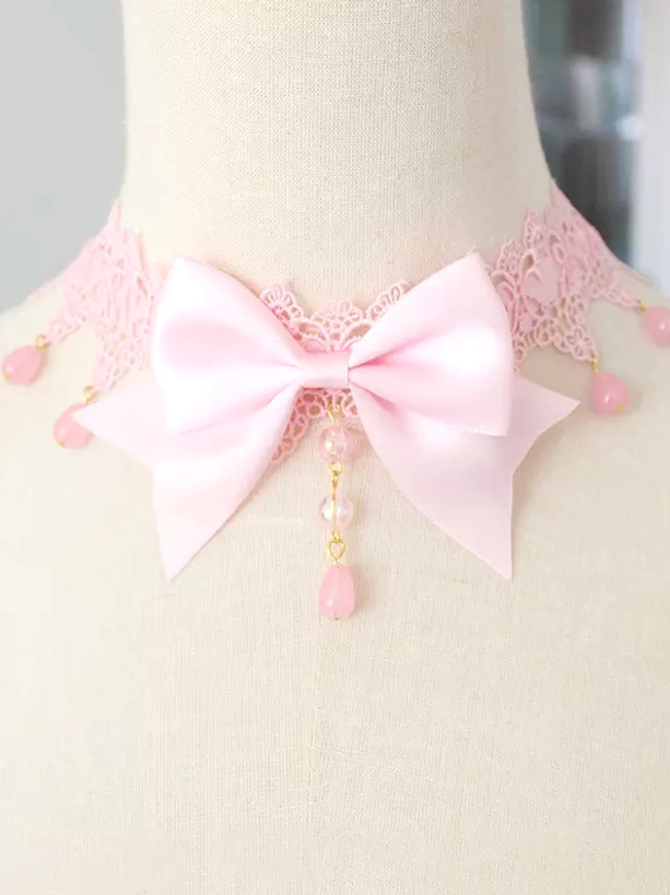 Pink blush gothic lolita bow choker with pink lace trim and pink drop bead tassel romantic sweet lolita style