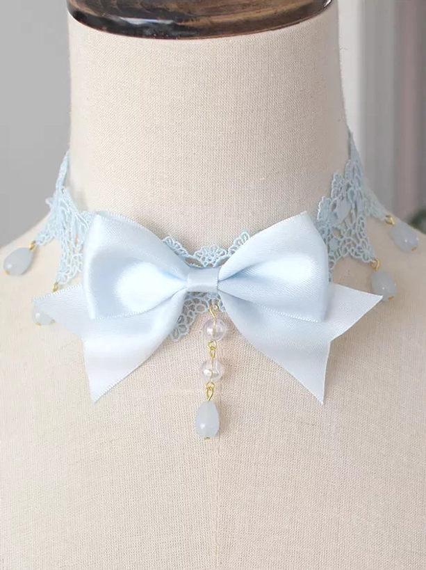Sky blue light blue gothic lolita bow choker with light blue lace trim and sky blue drop bead tassel neck collar