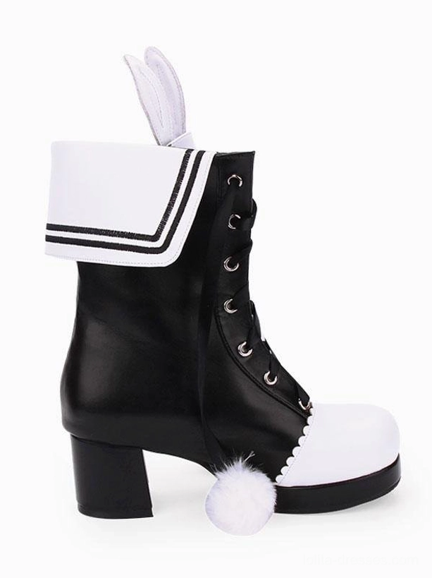 Single lolita bunny ear boot left side profile view featuring black stripe trim on sailor collar and chunky platform heel
