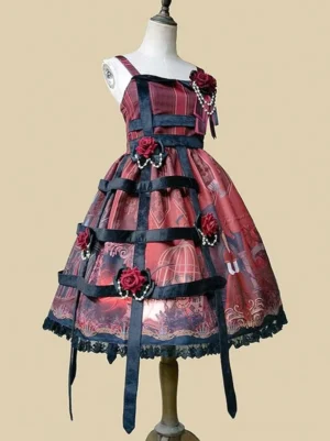 Gothic Lolita dress mannequin styling featuring burgundy and black color scheme with rose and pearl accent accessories vintage print details lace hem ribbon cage design
