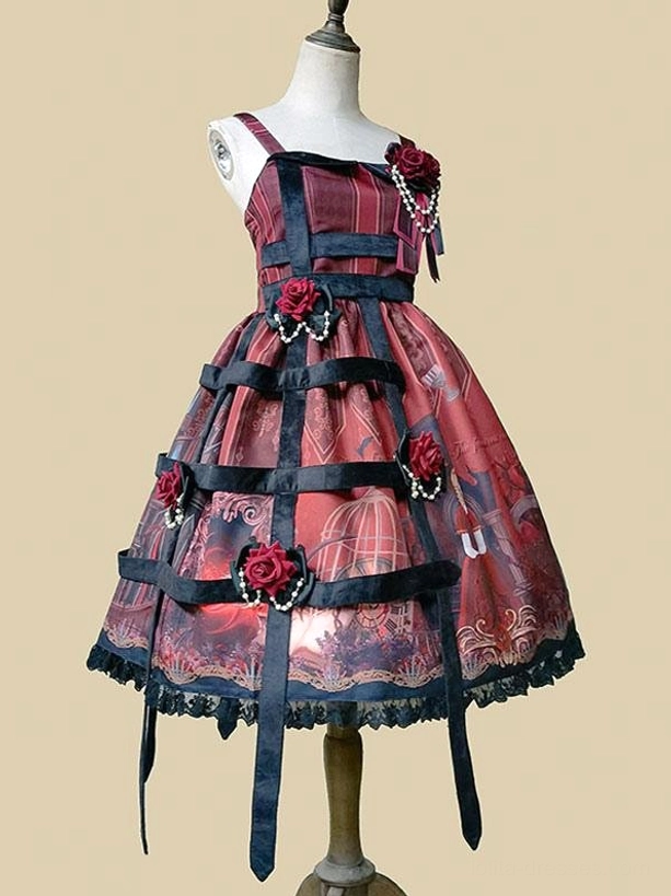 Gothic Lolita dress mannequin styling featuring burgundy and black color scheme with rose and pearl accent accessories vintage print details lace hem ribbon cage design