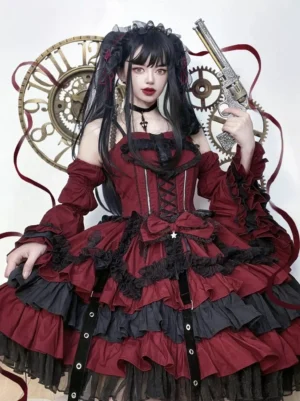Burgundy and black gothic lolita dress with tiered ruffles, lace-up corset bodice, detachable off-shoulder sleeves, and decorative bow details on female model with steampunk styling and gothic makeup