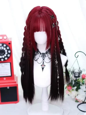 Gothic Lolita wig styled with twin side braids and black cross hair clips, star tassel hair ornaments, displayed on mannequin with gothic aesthetic background props, showing burgundy to black ombre effect