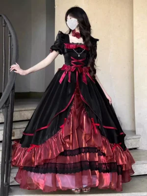 Gothic lolita burgundy dress side back view featuring square neckline short sleeves and red ribbon decorations on staircase