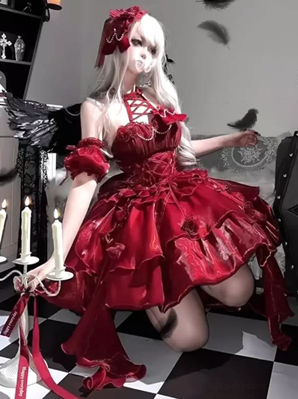 Gothic Lolita burgundy dress side profile kneeling pose with off-shoulder ruffled cuffs, short layered ruffled skirt, back trailing ribbons, candleholder styling