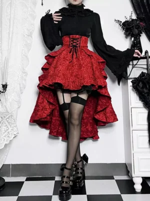 Burgundy Gothic Lolita asymmetrical high-low skirt with lace-up waist and ruffled hem, left side angle on model against gothic backdrop