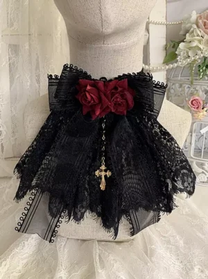 Gothic Lolita burgundy wine rose lace bow neck corsage with gold cross pendant front view on fabric mannequin