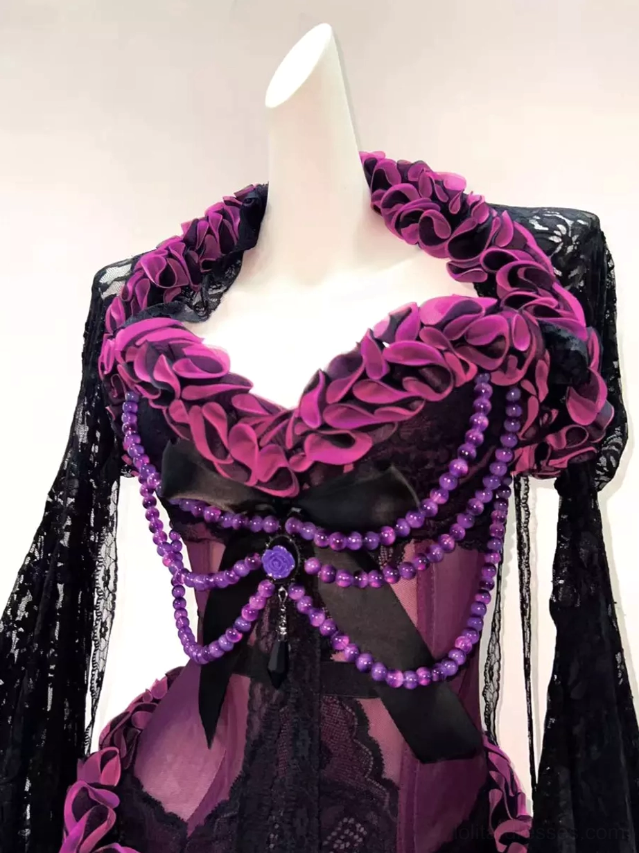 Close-up neck-down mannequin shot of gothic lolita bust top with heart-shaped ruffle neckline and purple bead tassel decoration on sheer purple mesh fabric