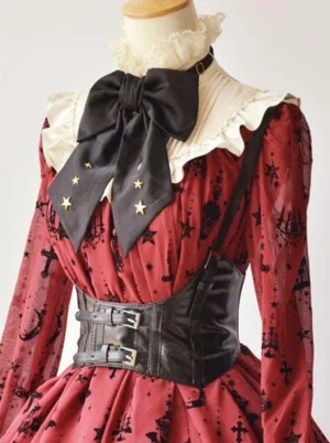 Black dual-buckle leather corset bustier paired with wine-red gothic printed lolita dress, close-up front view