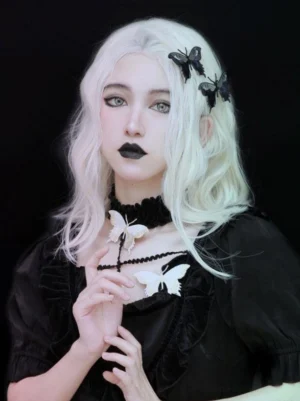 Gothic lolita butterfly hair clips with velvet choker cross pendant metal headwear upper body shot platinum wig black lipstick