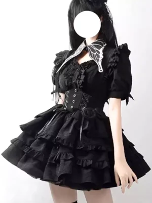 Gothic lolita dress set with black butterfly collar, puff sleeves, and multi-layer ruffled skirt - front full-body view on model with long black hair against white background