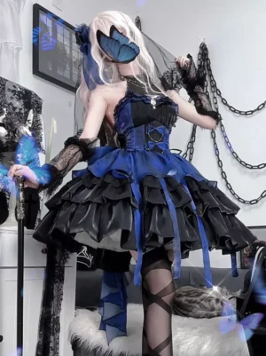 Back view of Gothic Lolita dress displaying layered ruffled skirt, trailing sash, lace arm sleeves, and cross-tied black stockings styling