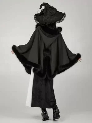 Gothic Lolita Cape Back View with Back Pom-Pom Decor and Furry Trim Edge Details