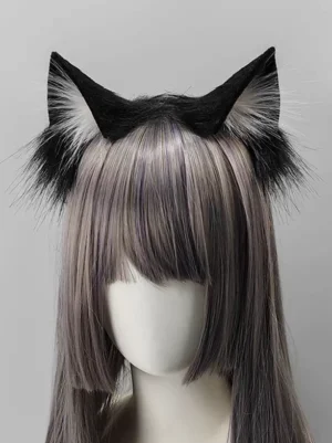 Gothic Lolita cat ear headband with black outer ears and light grey inner fur featuring fluffy trim edge, displayed on mannequin with grey bangs wig