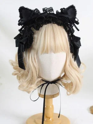 Gothic lolita cat ear headband with black lace plush cat ears and burgundy satin bows worn on blonde wig mannequin front view