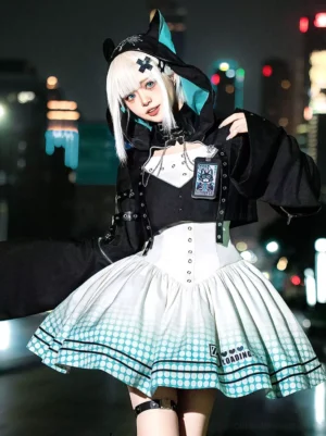 Gothic lolita chain dress set white cyberpunk style front three-quarter close-up with cyan checkered gradient skirt and cat ear hood