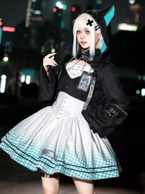 Cyberpunk gothic lolita overcoat dress ensemble white front three-quarter angle with raised hand gesture and black cropped coat