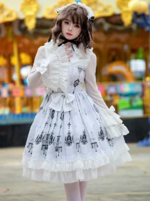 Gothic lolita chandelier dress detailed close-up showing ruffled stand collar, front waist bow, and architectural print pattern