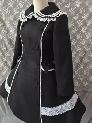 Gothic lolita black coat left side angle showing double-breasted buttons doll collar detail