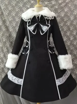 Gothic lolita black coat with white fur collar and cuffs front view elegant formal outfit