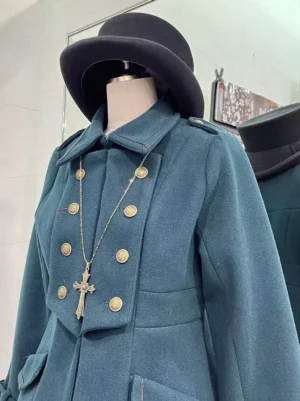 gothic lolita military coat close up upper front turn down collar epaulets fuzzy texture