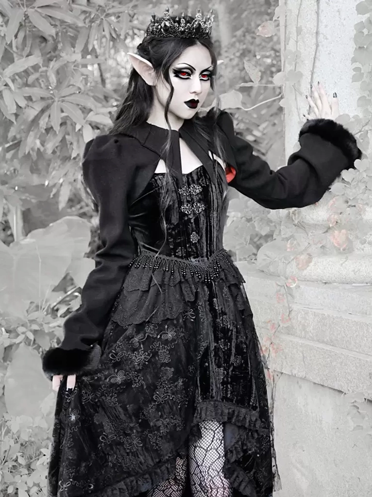 gothic-lolita-cropped-coat-side-three-quarter-view-asymmetric-lace-skirt-fur-trimmed-outerwear-model