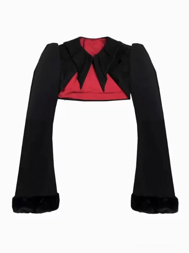 gothic-lolita-cropped-coat-studio-shot-mannequin-contrasting-red-inner-lining-flared-sleeves-fur-trim-detail