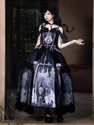 gothic lolita slip dress three-quarter view cold shoulder layered tulle skirt rose ornament charms