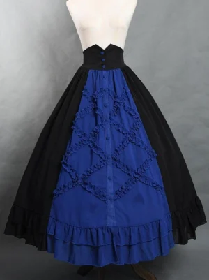 Gothic lolita color-block blue and black long skirt with rhombus ruffles on mannequin front view