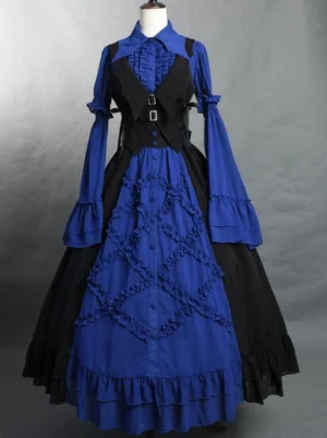 Gothic lolita coordinate featuring color-block skirt with matching royal blue blouse and black waistcoat