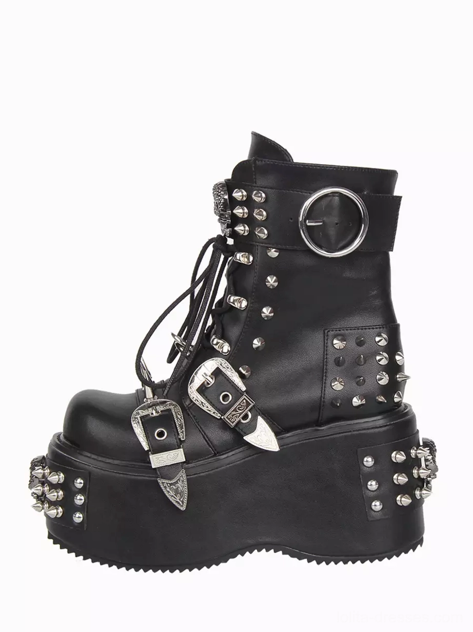 Gothic platform combat boots black leather silver buckle straps studded details ankle strap D-ring buckle thick wedge sole three-quarter view