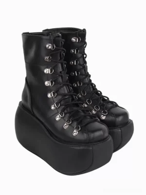 Black gothic lolita platform boots rear three-quarter view displaying mid-calf shaft and smooth PU leather construction