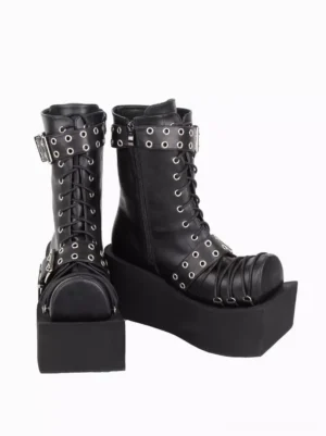 Gothic Lolita combat boots with lace-up design and adjustable buckle straps side front angle