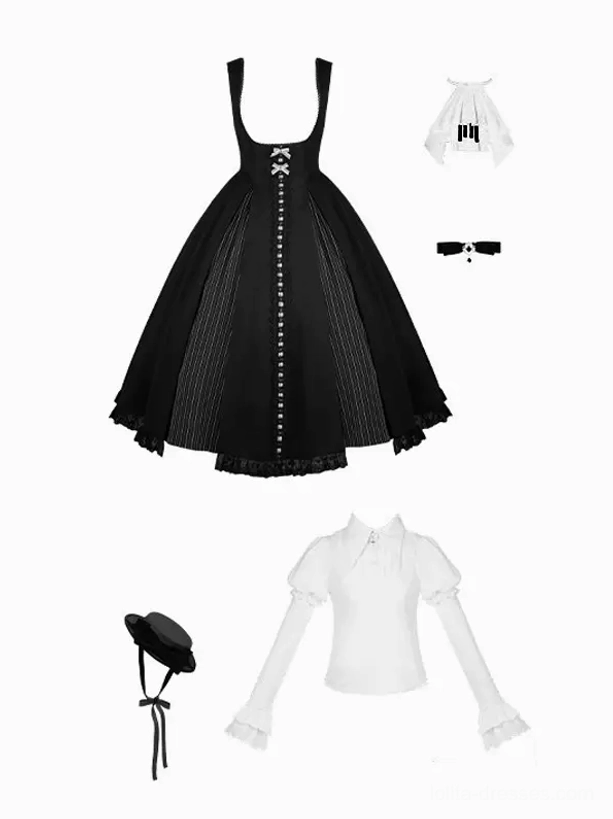 Gothic Lolita complete dress set flat lay white background skirt blouse beret cravat black white color scheme