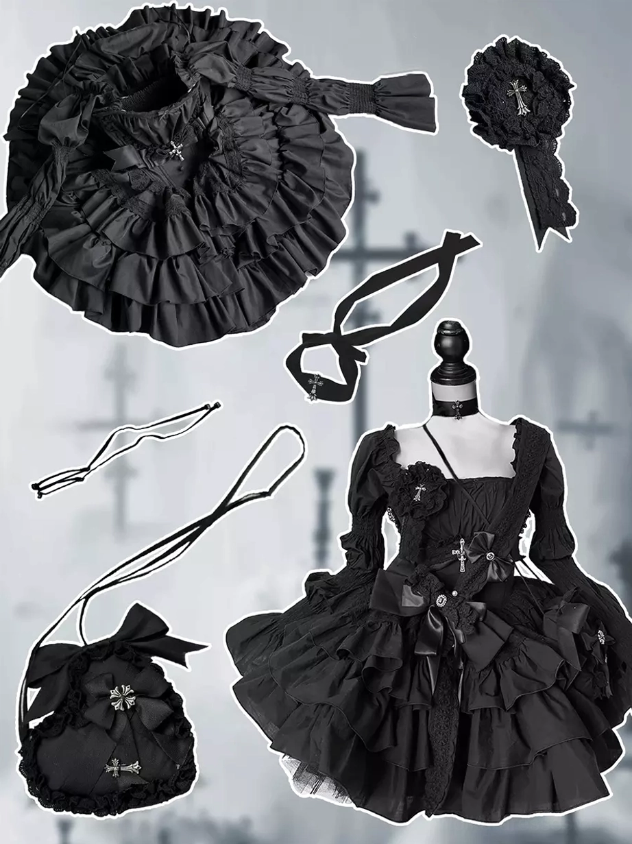 Complete black Gothic Lolita outfit flat lay top-down view with all accessories including dress, ruffle bucket hat, cross brooch, matching mini crossbody bag, choker, and decorative straps on black background