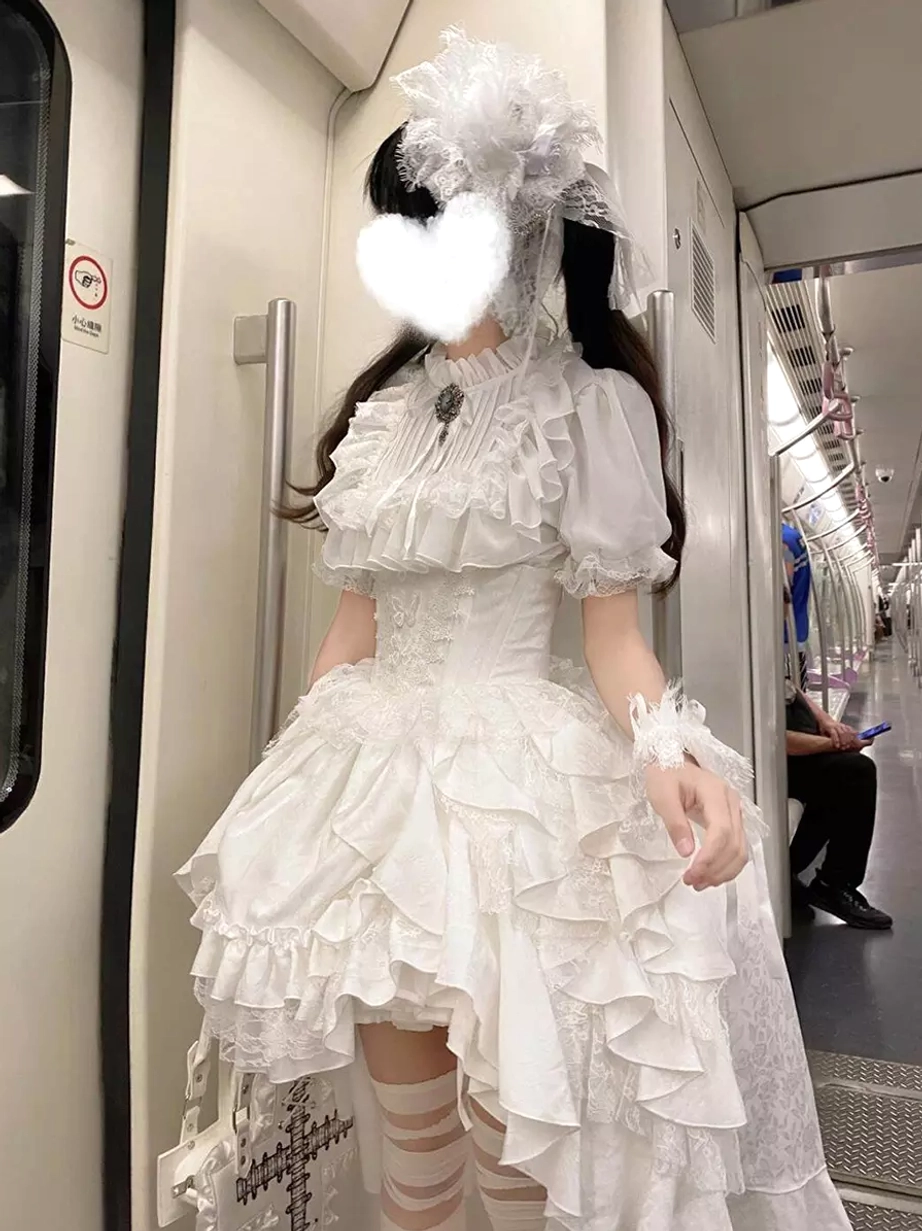 Gothic lolita complete ensemble full styling reference showing how to wear two-piece blouse and skirt set with accessories for authentic lolita fashion look