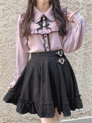 gothic lolita outfit coordinate lavender ruffled blouse black skirt heart buckles full look