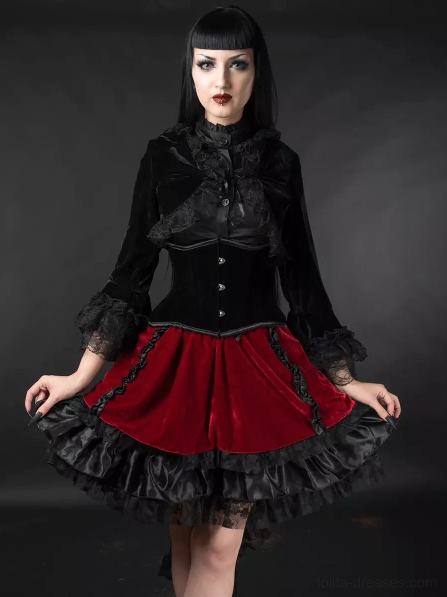 Gothic Lolita coordinate outfit red velvet skirt black corset top lace trim asymmetrical hem full body