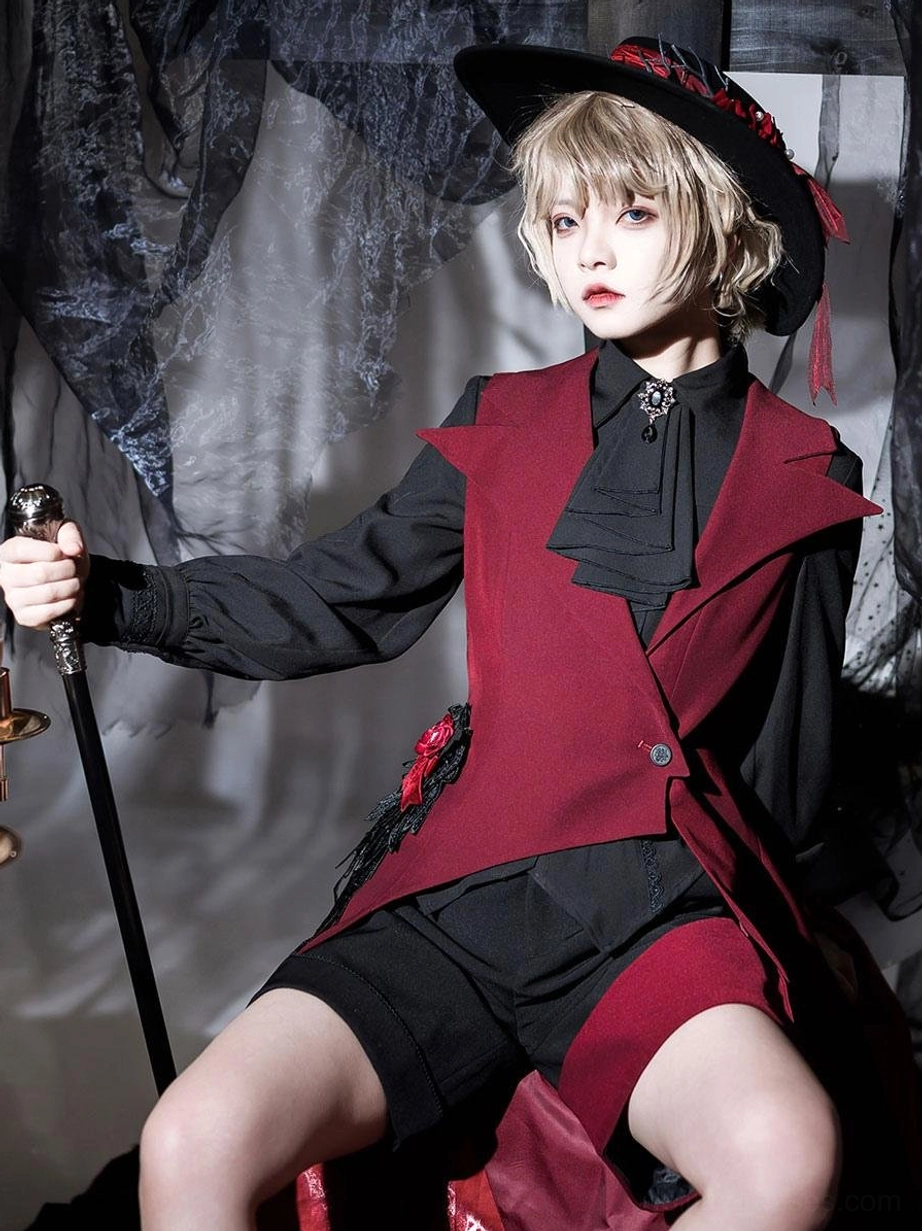 full gothic lolita coordinate asymmetric red vest black inner shirt bloomers wide brim hat