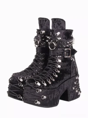Gothic lolita corduroy platform boots with metallic rivets front view showcase dark romantic aesthetic