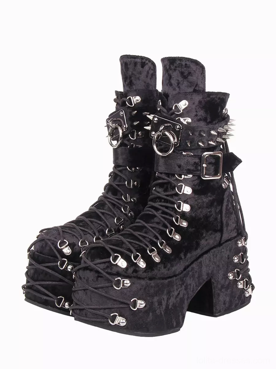 Gothic lolita corduroy platform boots with metallic rivets front view showcase dark romantic aesthetic