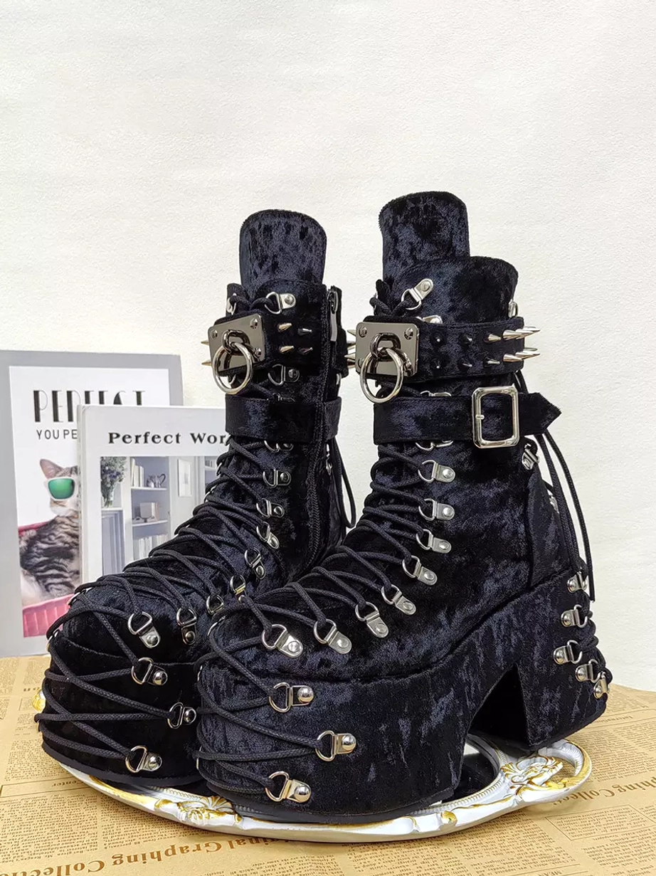Gothic punk platform boots corduroy texture lace-up design riveted details three-quarter angle